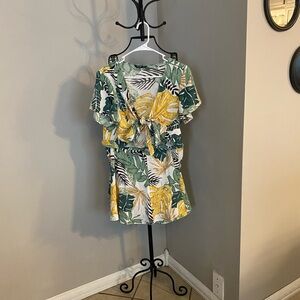 SHEIN Green and Yellow Puff Sleeve Jumpsuit with Tie Front